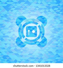 safe, safety deposit box icon inside realistic light blue emblem. Mosaic background
