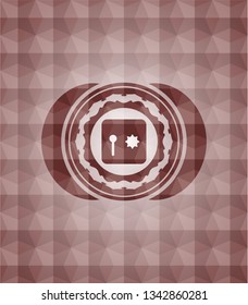 safe, safety deposit box icon inside red emblem or badge with geometric pattern background. Seamless.