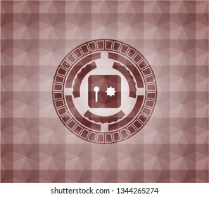 safe, safety deposit box icon inside red emblem with geometric pattern background. Seamless.