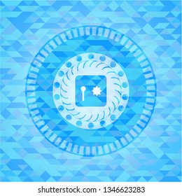 safe, safety deposit box icon inside realistic light blue emblem. Mosaic background