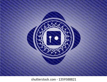 safe, safety deposit box icon inside emblem with denim texture