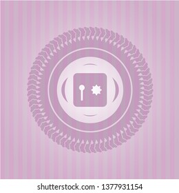 safe, safety deposit box icon inside pink emblem. Vintage.