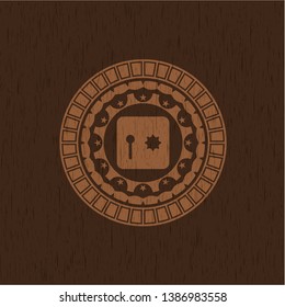 safe, safety deposit box icon inside badge with wooden background