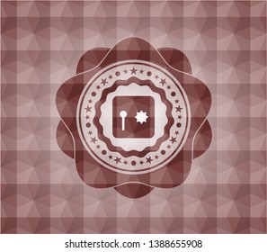 safe, safety deposit box icon inside red seamless emblem or badge with abstract geometric pattern background.