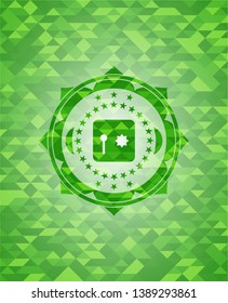 safe, safety deposit box icon inside realistic green emblem. Mosaic background