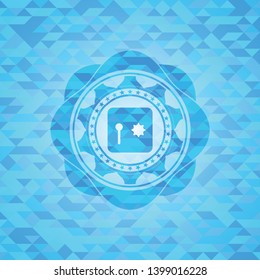 safe, safety deposit box icon inside realistic light blue emblem. Mosaic background