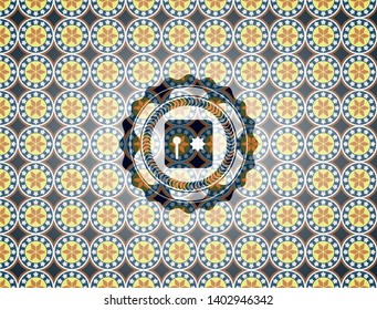 safe, safety deposit box icon inside arabic badge. Arabesque decoration.