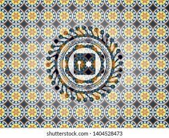 safe, safety deposit box icon inside arabic style emblem. Arabesque decoration.