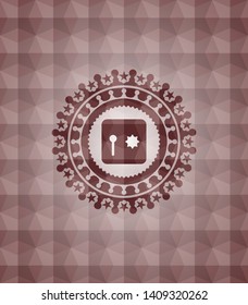 safe, safety deposit box icon inside red seamless emblem with geometric pattern background.