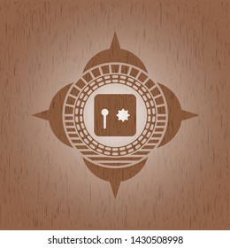 safe, safety deposit box icon inside wood emblem. Retro
