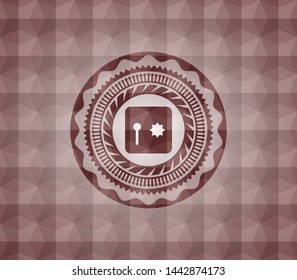 safe, safety deposit box icon inside red seamless emblem or badge with geometric pattern background.