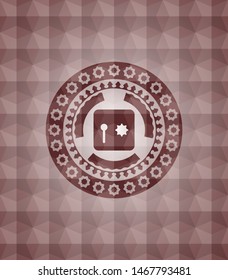 safe, safety deposit box icon inside red seamless emblem with geometric pattern background.