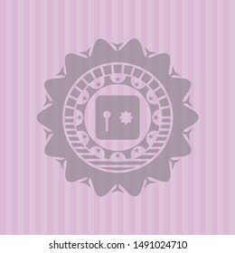 safe, safety deposit box icon inside pink emblem. Vintage.