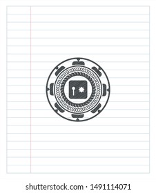 safe, safety deposit box icon emblem drawn in pencil. Vector Illustration. Detailed.