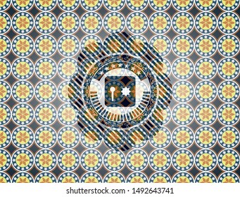 safe, safety deposit box icon inside arabic style badge. Arabesque decoration.