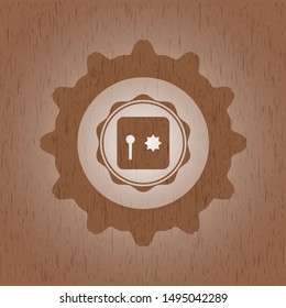 safe, safety deposit box icon inside realistic wood emblem