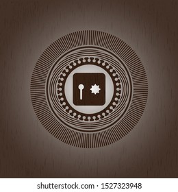 safe, safety deposit box icon inside badge with wooden background