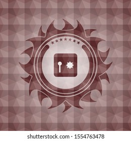 safe, safety deposit box icon inside red emblem or badge with abstract geometric polygonal pattern background. Seamless.