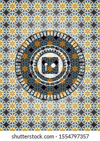 safe, safety deposit box icon inside arabic badge. Arabesque decoration.