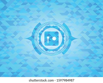 safe, safety deposit box icon inside sky blue mosaic emblem