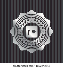 safe, safety deposit box icon inside silvery shiny badge