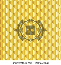 safe, safety deposit box icon inside golden emblem. Scales pattern. Vector Illustration. Detailed.