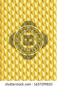 safe, safety deposit box icon inside gold shiny emblem. Scales pattern. Vector Illustration. Detailed.