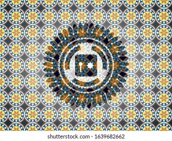 safe, safety deposit box icon inside arabic emblem background. Arabesque decoration.