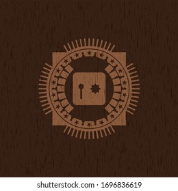 safe, safety deposit box icon inside wood emblem. Vintage.
