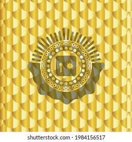safe, safety deposit box icon inside gold emblem. Scales pattern. Vector Illustration. Detailed. 