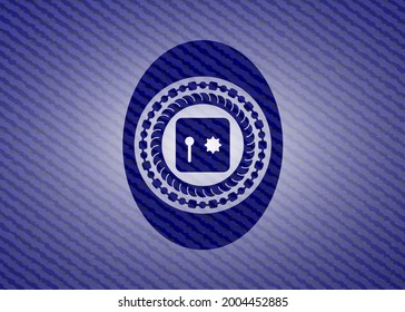 safe, safety deposit box icon inside emblem with jean texture. 
