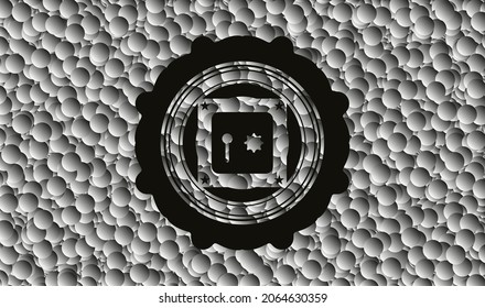 caja fuerte, icono de caja fuerte dentro del emblema negro estilo retro con fondo de burbujas grises. Ilustración vectorial. Detallado. 