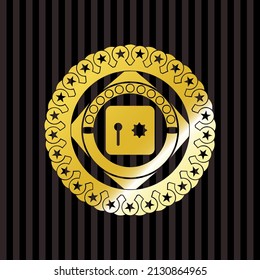 safe, safety deposit box icon inside golden badge or emblem. 