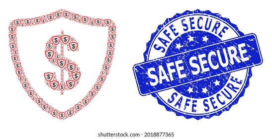 Safe Secure corroded round seal imitation and vector recursion mosaic dollar protection. Blue stamp has Safe Secure tag inside round shape.