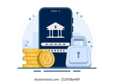 Safe and secure financial app concept, Smart phone with gold coin and key, secure payment, money protection and financial security. digital marketing. flat vector illustration.