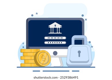 Safe and secure financial app concept, Smart phone with gold coin and key, secure payment, money protection and financial security. digital marketing. flat vector illustration.