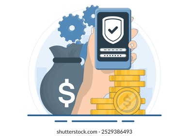 Safe and secure financial app concept, Smart phone with gold coin and key, secure payment, money protection and financial security. digital marketing. flat vector illustration.