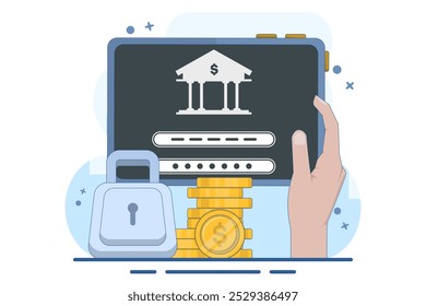Conceito de aplicativo financeiro seguro e seguro, Smart phone com moeda de ouro e chave, pagamento seguro, proteção do dinheiro e segurança financeira. marketing digital. ilustração vetor plana.