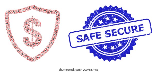 Safe Secure grunge seal print and vector recursive composition dollar protection. Blue stamp seal contains Safe Secure caption inside rosette.