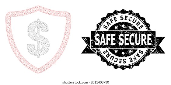 Safe Secure grunge stamp seal and vector dollar protection mesh structure. Black stamp contains Safe Secure tag inside ribbon and rosette. Abstract flat mesh dollar protection, built from flat mesh.