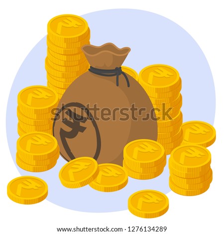 Safe and secure Indian Rupee investments. Stack of gold coins and bag of money and business protection vector concept.