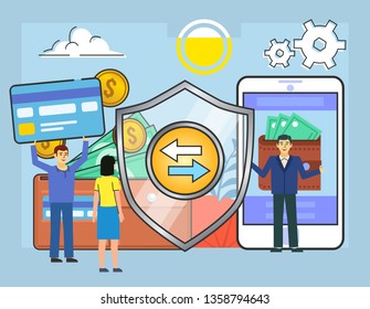 Safe, secure online cash transactions. People stand near big shield, smartphone, wallet, money, cash. Poster for web page, banner, social media, presentation. Flat vector illustration