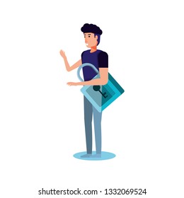 safe secure padlock with young man