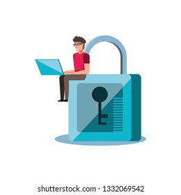 safe secure padlock with young man