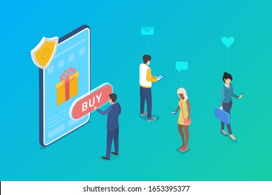 Safe Security Mobile Shopping Payment by Smartphone Mobile Phone Isometric flat vector design illustration.