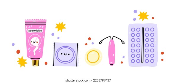 Safe sex and birth control. Set of contraception methods: condom and patch, oral contraceptive pills, suppository and spermicide, female condom and calendar method. vector illustration