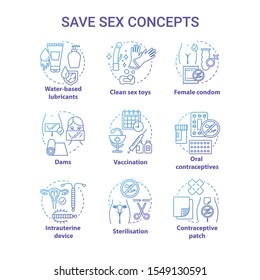 Safe Sex Blue Concept Icons Set. Female Condom, Oral Contraceptive. Vaccination, Sterilisation For Healthy Relationship Idea Thin Line Illustrations. Vector Isolated Outline Drawings. Editable Stroke