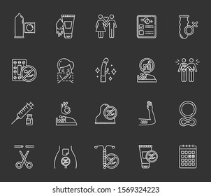 Safe Sex Chalk Icons Set. Condoms. Lubricant, Spermicide. Female, Male Sterilisation. Couple. Sober Sex With Consent. Contraceptive Patch, Device, Ring. Isolated Vector Chalkboard Illustrations