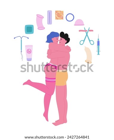 Safe sex concept. Romantic foreplay. An embracing heterosexual nude couple and contraceptive methods around. Young adult people on a date. Vector illustration	