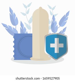 Sexo seguro, concepto de anticoncepción. Ilustración vectorial, diseño plano, composición con condón.. hiv, asistencia. Salud y medicina